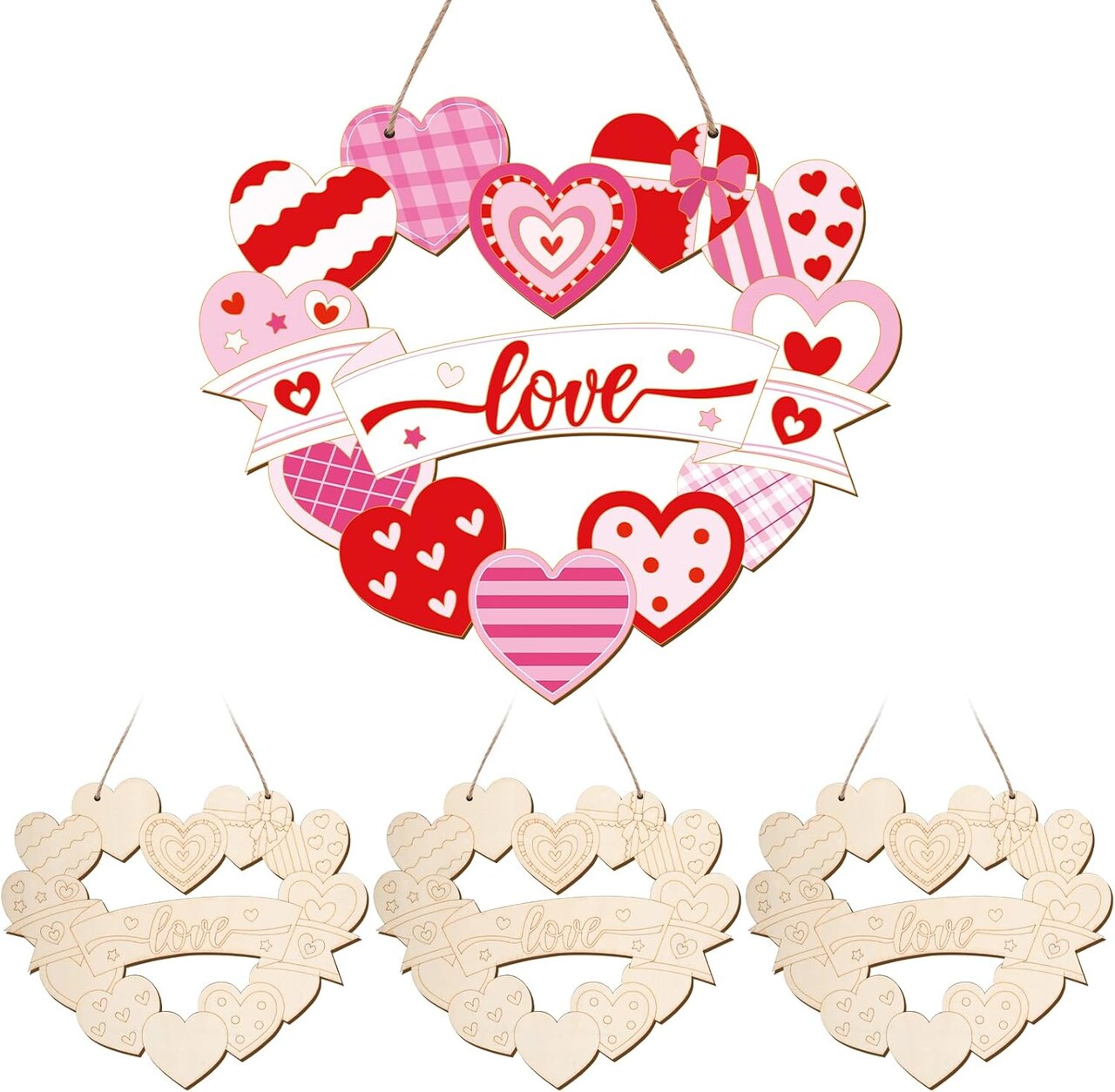 Paintable Valentines Ornaments 3 Sets, Wooden Valentines Ornaments to Paint, Unfinished Love Signs Wreaths Wood Crafts for Painting, Wooden Cutouts DIY Wood Crafts for Kids Adults Door Decor